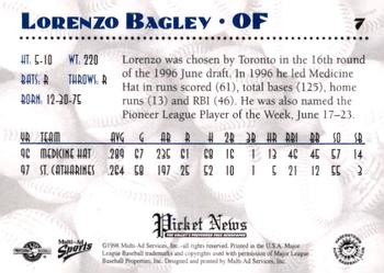 1998 Multi-Ad Hagerstown Suns #7 Lorenzo Bagley Back