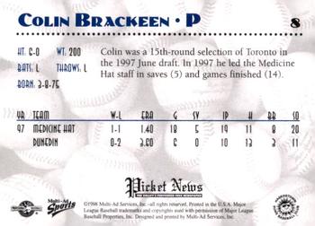 1998 Multi-Ad Hagerstown Suns #8 Colin Brackeen Back