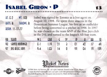 1998 Multi-Ad Hagerstown Suns #13 Isabel Giron Back