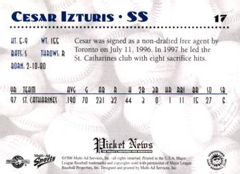 1998 Multi-Ad Hagerstown Suns #17 Cesar Izturis Back