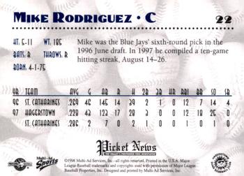 1998 Multi-Ad Hagerstown Suns #22 Mike Rodriguez Back