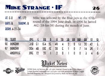 1998 Multi-Ad Hagerstown Suns #26 Mike Strange Back