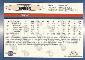 1998 Blueline Q-Cards Iowa Cubs #21 Justin Speier Back