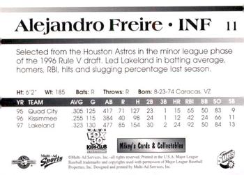 1998 Multi-Ad Jacksonville Suns #11 Alejandro Freire Back