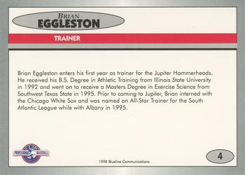 1998 Blueline Q-Cards Jupiter Hammerheads #4 Brian Eggleston Back