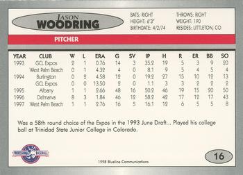 1998 Blueline Q-Cards Jupiter Hammerheads #16 Jason Woodring Back