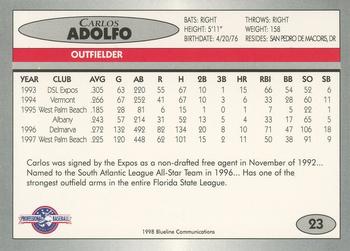 1998 Blueline Q-Cards Jupiter Hammerheads #23 Carlos Adolfo Back