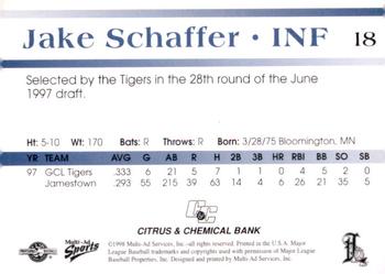 1998 Multi-Ad Lakeland Tigers #18 Jake Schaffer Back