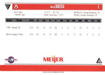 1998 Blueline Q-Cards Lansing Lugnuts #14 Juan Brito Back