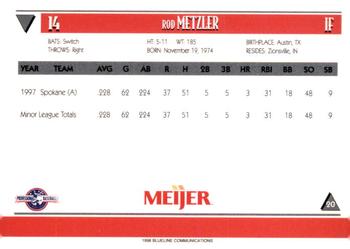 1998 Blueline Q-Cards Lansing Lugnuts #20 Rod Metzler Back