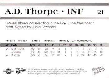 1998 Multi-Ad Macon Braves #21 A.D. Thorpe Back