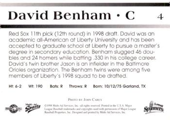 1998 Multi-Ad Lowell Spinners #4 David Benham Back