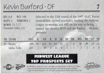 1998 Multi-Ad Midwest League Top Prospects #7 Kevin Burford Back