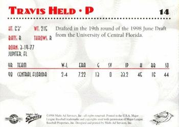 1998 Multi-Ad New Jersey Cardinals #14 Travis Held Back