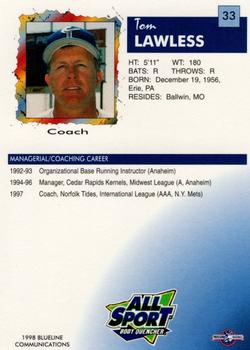 1998 Blueline Q-Cards Norfolk Tides #33 Tom Lawless Back