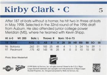 1998 Multi-Ad Piedmont Boll Weevils #5 Kirby Clark Back