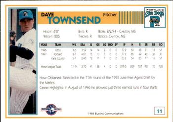 1998 Blueline Q-Cards Portland Sea Dogs #11 Dave Townsend Back