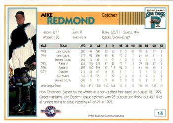 1998 Blueline Q-Cards Portland Sea Dogs #14 Mike Redmond Back