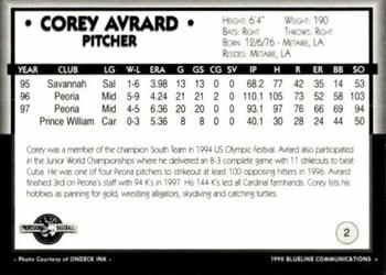 1998 Blueline Q-Cards Prince William Cannons #2 Corey Avrard Back