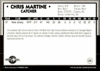 1998 Blueline Q-Cards Prince William Cannons #24 Chris Martine Back