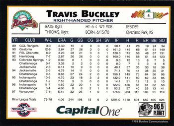 1998 Blueline Q-Cards Richmond Braves #4 Travis Buckley Back