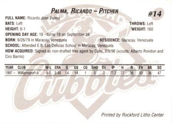 1998 Rockford Cubbies #NNO Ricardo Palma Back