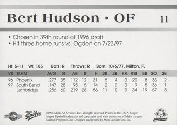 1998 Multi-Ad South Bend Silver Hawks #11 Bert Hudson Back