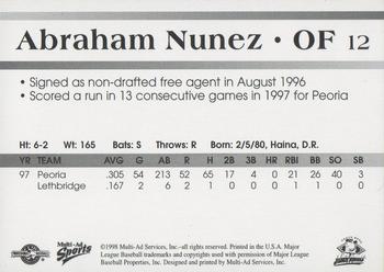 1998 Multi-Ad South Bend Silver Hawks #12 Abraham Nunez Back