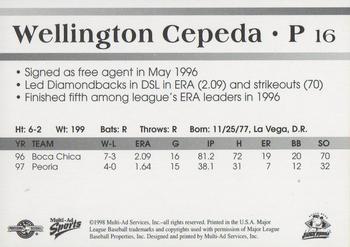 1998 Multi-Ad South Bend Silver Hawks #16 Wellington Cepeda Back
