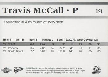 1998 Multi-Ad South Bend Silver Hawks #19 Travis McCall Back