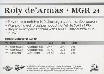 1998 Multi-Ad South Bend Silver Hawks #24 Roly de Armas Back