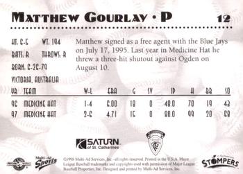 1998 Multi-Ad St. Catharines Stompers #12 Matthew Gourlay Back