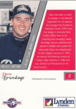 1998 Blueline Q-Cards Tacoma Rainiers #2 Dave Brundage Back