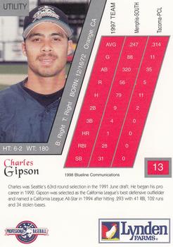 1998 Blueline Q-Cards Tacoma Rainiers #13 Charles Gipson Back
