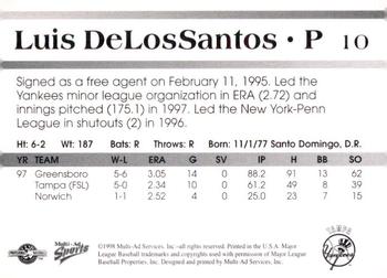 1998 Multi-Ad Tampa Yankees #10 Luis De Los Santos Back