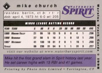 1998 Warning Track Waterbury Spirit #4 Mike Church Back