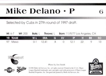 1998 Multi-Ad Williamsport Cubs #6 Mike Delano Back