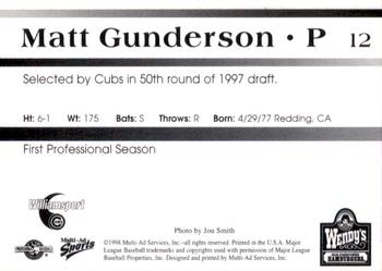 1998 Multi-Ad Williamsport Cubs #12 Matt Gunderson Back
