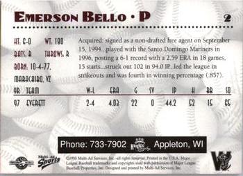 1998 Multi-Ad Wisconsin Timber Rattlers #2 Emerson Bello Back