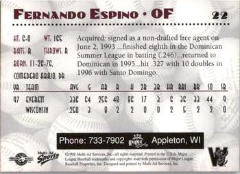 1998 Multi-Ad Wisconsin Timber Rattlers #22 Fernando Espino Back