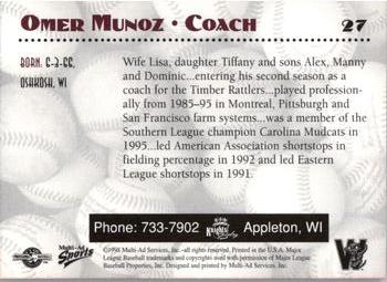1998 Multi-Ad Wisconsin Timber Rattlers #27 Omer Munoz Back