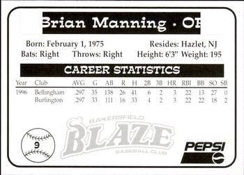 1997 Bakersfield Blaze (SGA) #9 Brian Manning Back