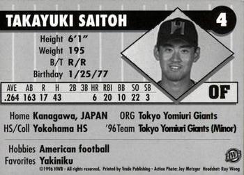 1996 HWB Honolulu Sharks #4 Takayuki Saitoh Back