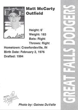 1996 Great Falls Dodgers #29 Matt McCarty Back