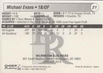 1995 Choice Wilmington Blue Rocks #NNO Michael Evans Back