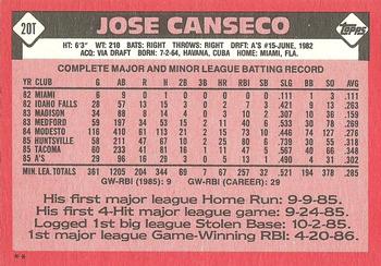 1986 Topps Traded #20T Jose Canseco Back