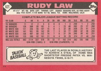1986 Topps Traded #62T Rudy Law Back