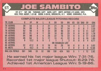 1986 Topps Traded #97T Joe Sambito Back