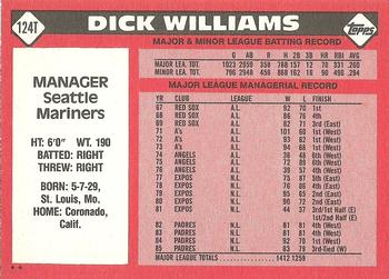 1986 Topps Traded #124T Dick Williams Back