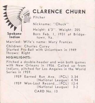 1960 Darigold Farms Spokane Indians #13 Clarence Churn Back